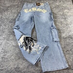 Ed Hardy Cargo Black Panther Jeans Women's Medium Light Blue Artsy Grunge Skater